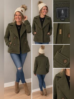 Sitka Olive Hunter Green Double Breasted Cotton Peacoat Jacket XS